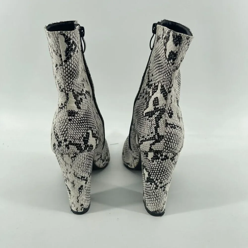 Women’s Black White Snakeprint Embossed Faux Leather Block Heel Ankle Boots 8.5